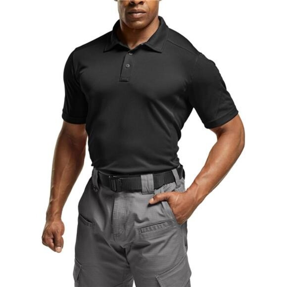 Men's Black Polo Shirts, Tactical Short Sleeve‎ Golf Performance Sports T-Shirts - Picture 2 of 7